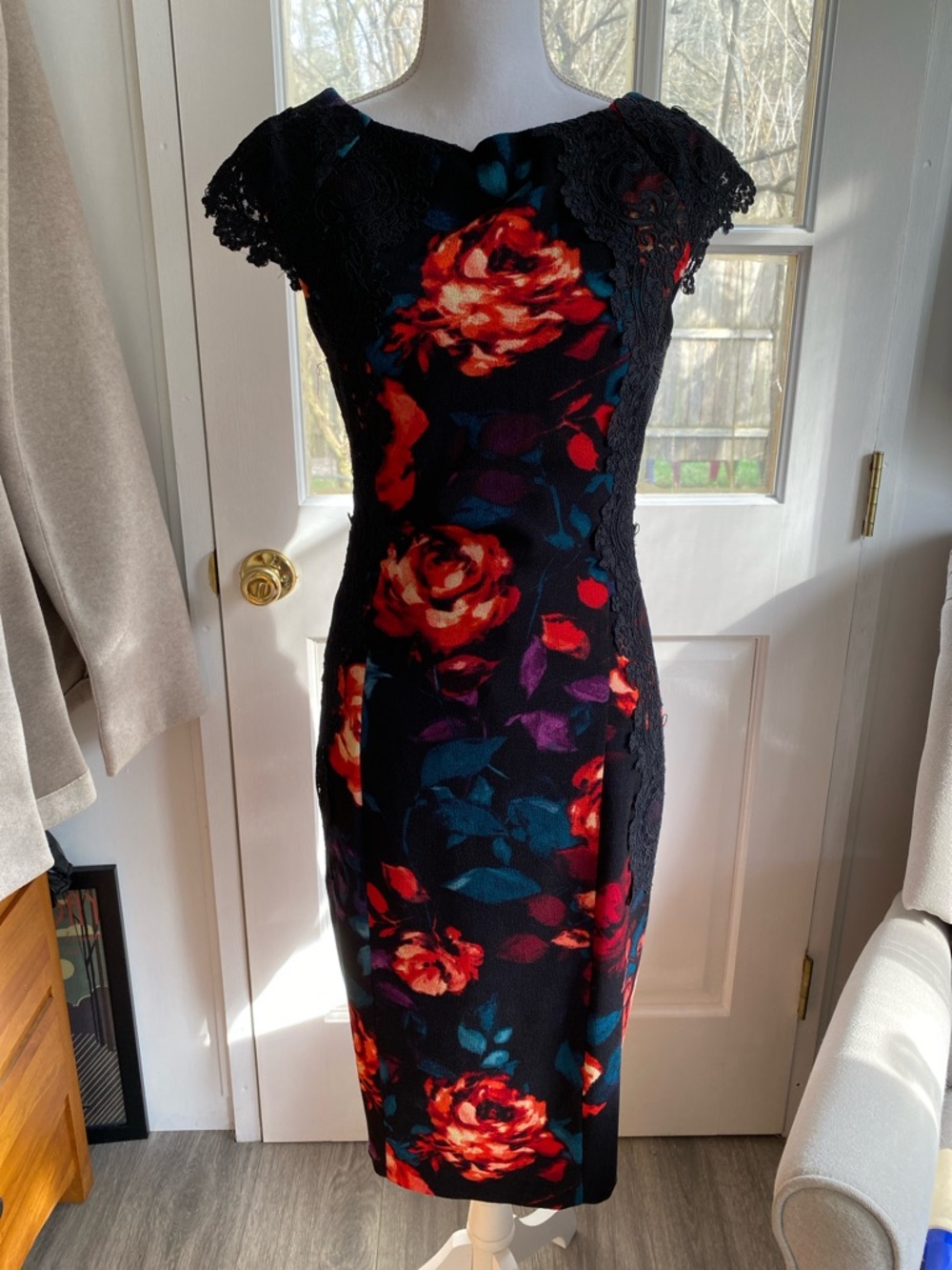 Maggy London Black Midi Dress with Red Rose Floral Print